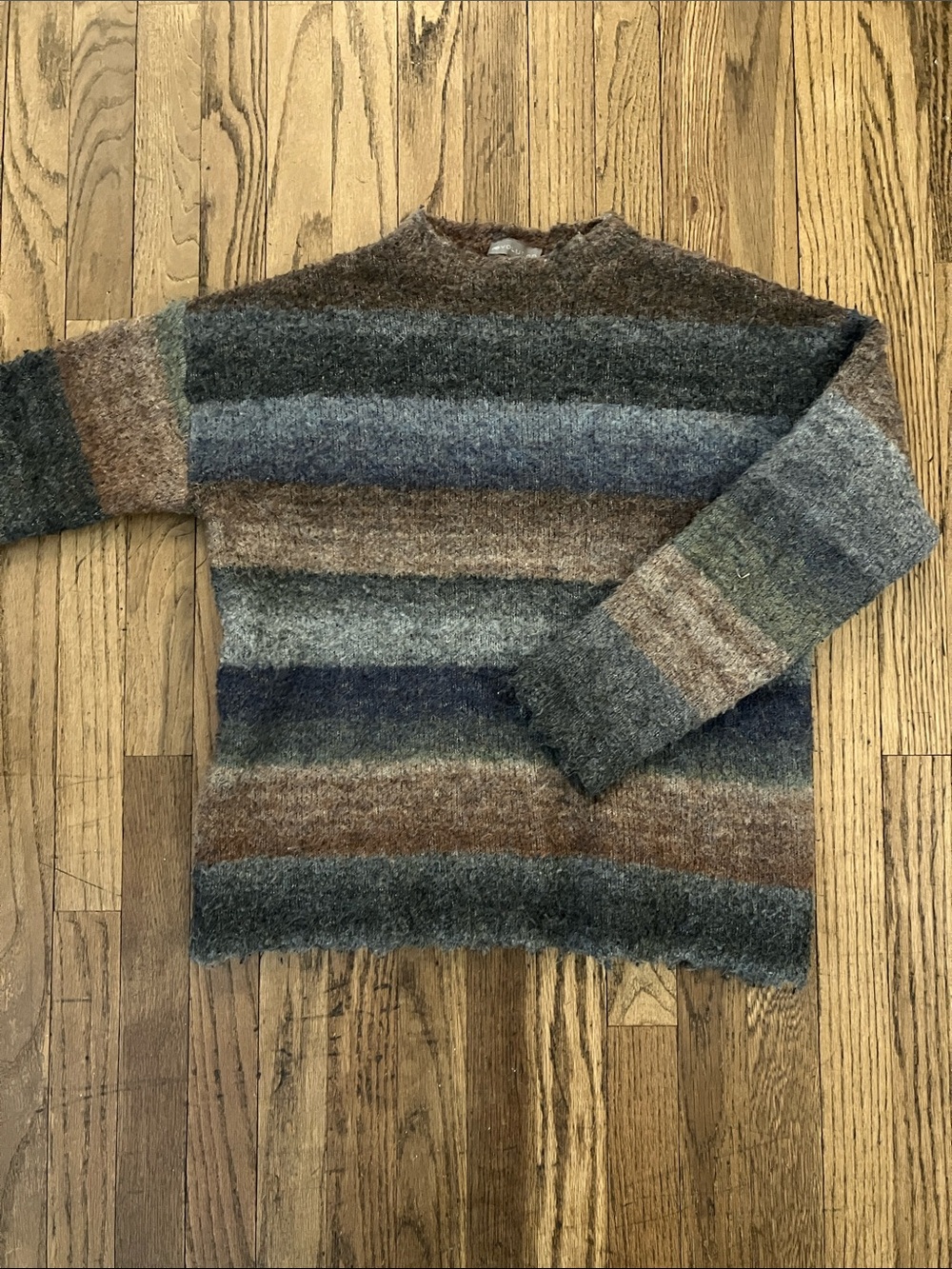 Evolution by Cyrus Striped Stretchy Fuzzy Crewneck Sweater in earth tones